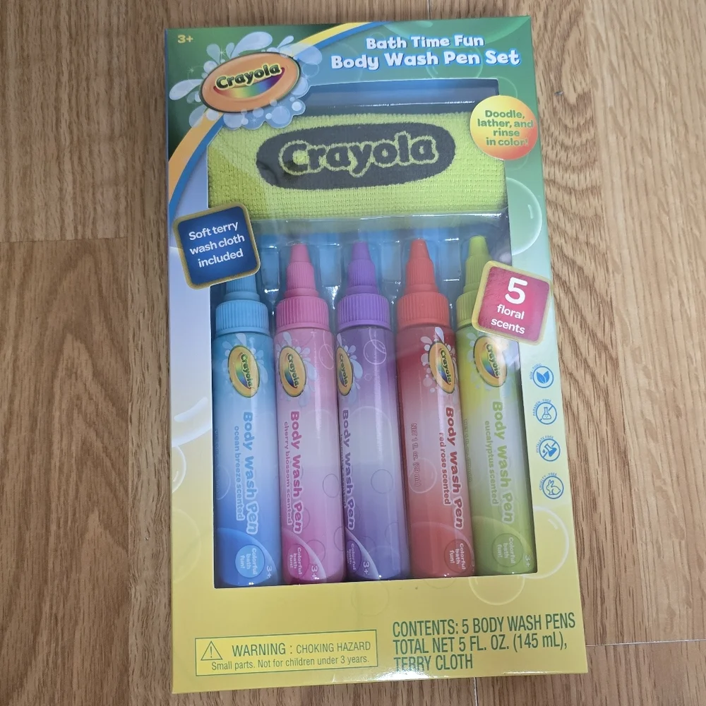 Crayola Bathtub Body Wash Set 5 Pens Floral Scents+Terry Washcloth Kidscore Fun